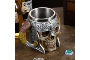 Meyas Viking Skull Beer Mug Tankard 17oz, Stainless Steel Double Handle Horn Coffee Cup, Medieval Skull Drinkware Mug for Bee