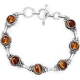 Round Shape Natural & Synthetic Gemstones Silver Plated Bracelets for Women - Vintage Bohemian Style Handmade Birthstone Adjustable Link Bracelet Jewelry Gifts for Wedding Anniversary Mother's Day