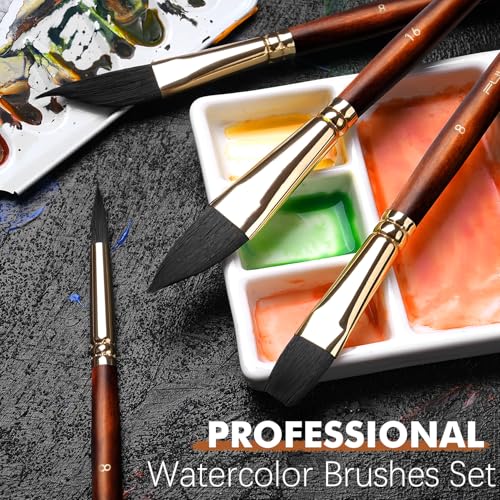Watercolor Brushes Professional, Fuumuui 10Pcs Synthetic Squirrel Hair Water Color Paint Brush Set for Artists - Flat, Round Pointed, Dagger, Cats Tongue Oval Wash for Watercolor Gouache Inks Painting