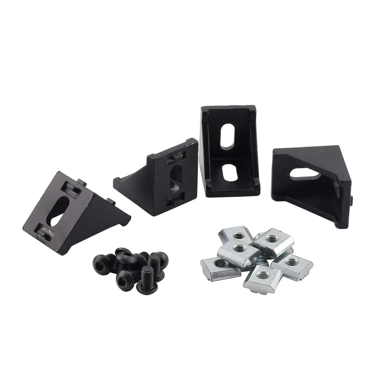 PZRT Aluminum Profile Connector Set, 4pcs Black Corner Bracket,8pcs M6 Slider Nuts, 8pcs M6x10mm Hex Socket Screw Bolt for 8mm Slot 3030 Series Aluminum Profile Accessories