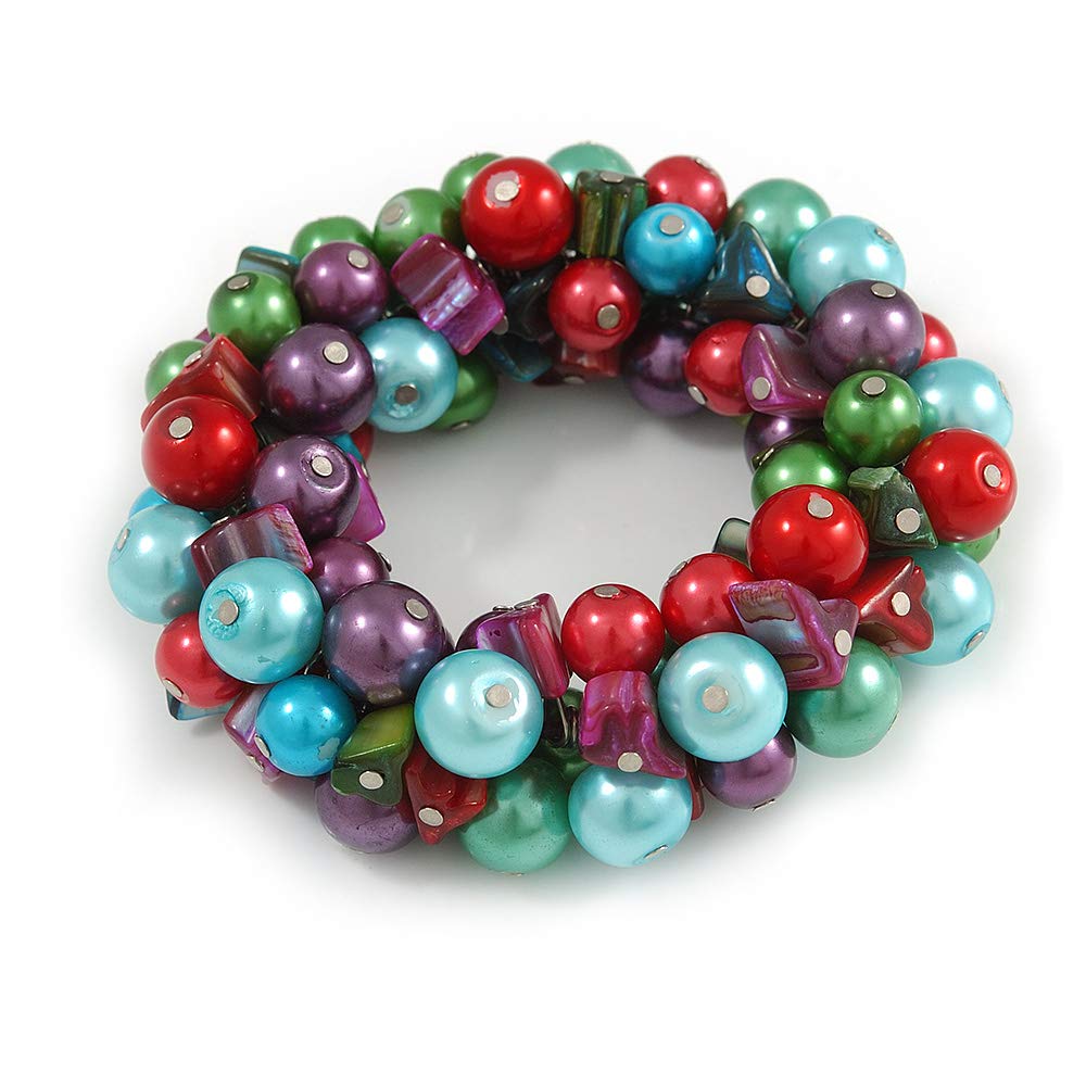 Avalaya Solid Chunky Multicoloured Glass Bead, Sea Shell Nuggets Flex Bracelet - 18cm L