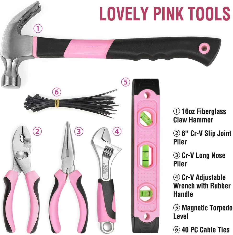 WORKPRO 103-Piece Pink Tool Kit - Ladies Hand Tool Set with Easy Carrying Round Pouch - Durable, Long Lasting Chrome Finish Tools - Perfect for DIY, Home Maintenance - Pink Ribbon - - 