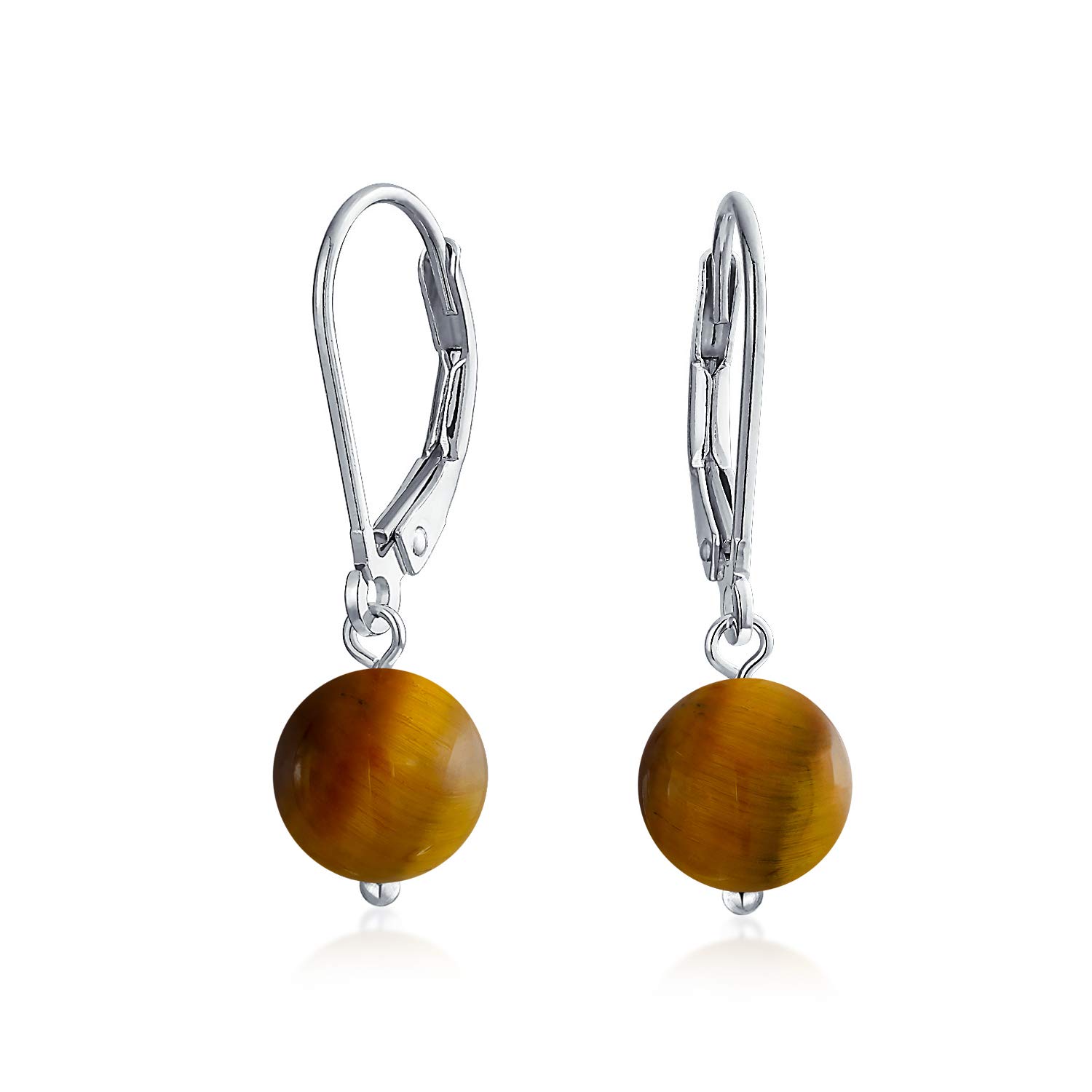 Simple Plain Basic Plain Round Brown Tiger-Eye Bead Drop Ball Dangle Lever back Earrings For Women .925 Sterling Silver