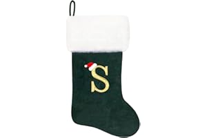 Eoocan 20 Inches Monogram Christmas Stockings Green Velvet with White Super Soft Plush Cuff Embroidered Xmas Stocking Classic Personalized Stocking Decoration for Family Holiday Season Decor(Letter S)