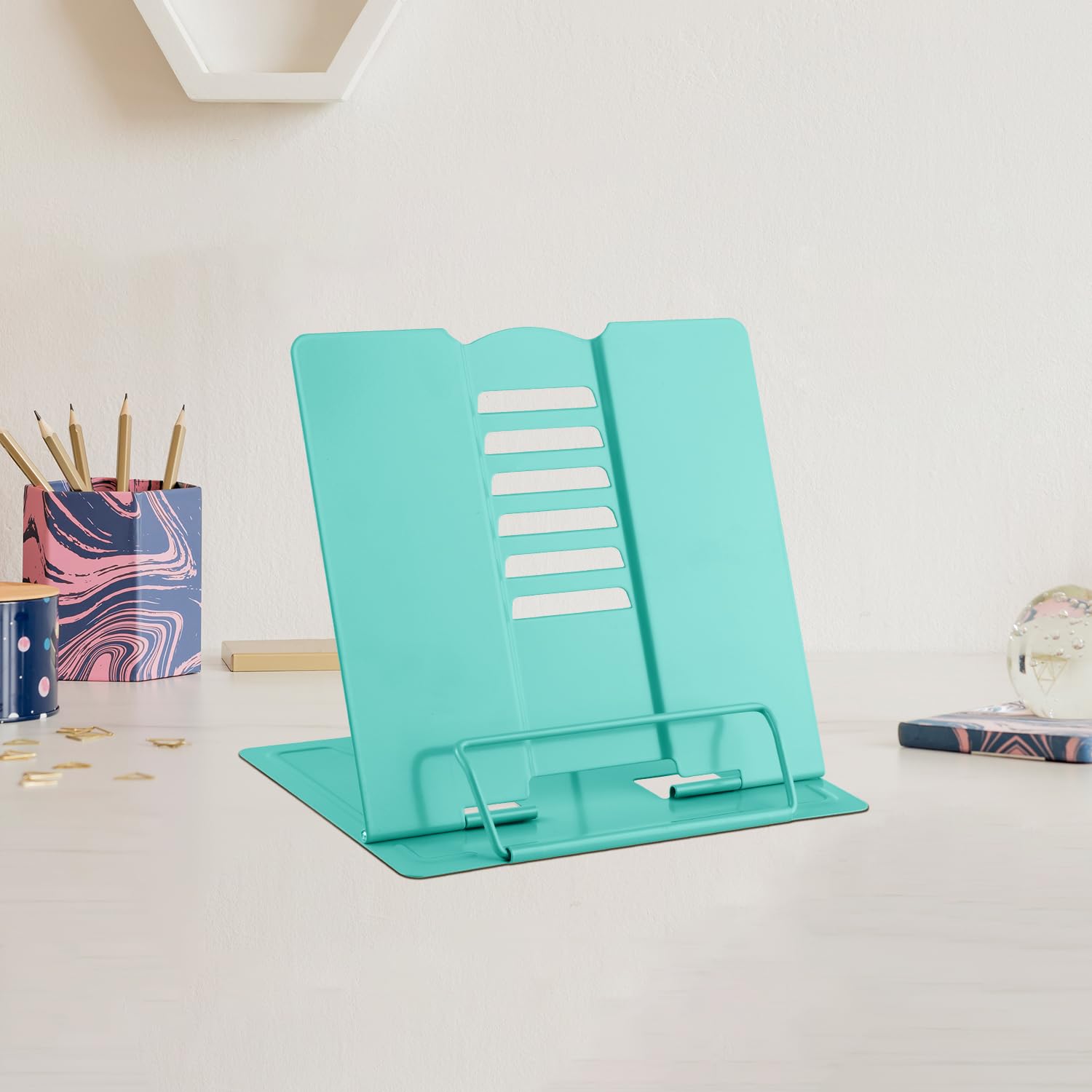 Mini Metal Book Stand Reading Book Holder Lightweight Cook Book Stands Portable Textbook Holders Adjustable Recipe Document Stand Tablet Music Book Stands&Holders(Turquoise) — image 1