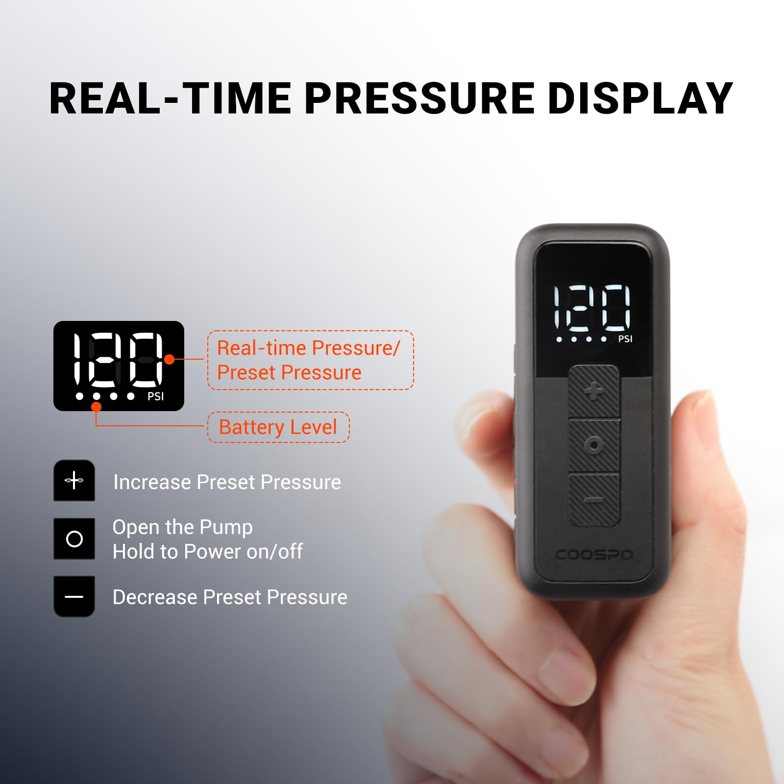 COOSPO Tiny X1 Mini Electric Bike Pump with Gauge, 120PSI Portable Bicycle Tire Inflator, Auto Stop, Fast Inflation for Presta & Schrader Valves, USB-C Rechargeable, Compact for Road/Mountain Bikes