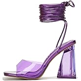 Clear Strappy Heels - Square Toe Lace Up Prom Wedding Shoes for Women, Comfortable High Heel Sandals Evening Dressy (Swag)