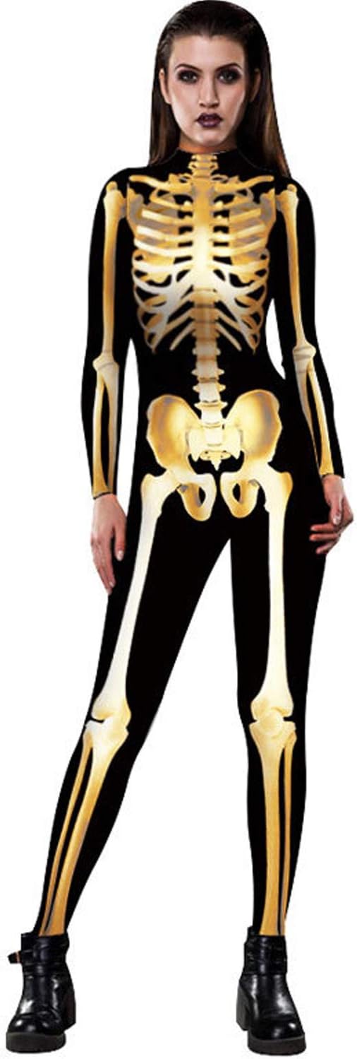 Halloween Human Skull Skeleton Bone Bodysuit 3D Print Funny Skinny