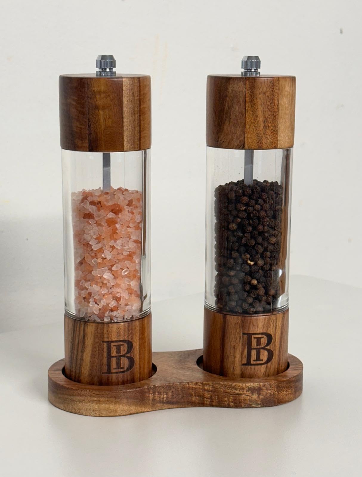 Acrylic & Acacia Wood Salt and Pepper Grinder Set, 6 PCS 7 inch Wooden Salt and Pepper Mill Sets with Base Tray, Refillable and Adjustable Salt & Pepper Grinder Set, Ceramic core Salt Grinder