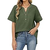 Celmia Womens Summer Tops Cotton Linen Short Sleeve V Neck Shirts Loose Fit Blouses Dressy Casual Tunic