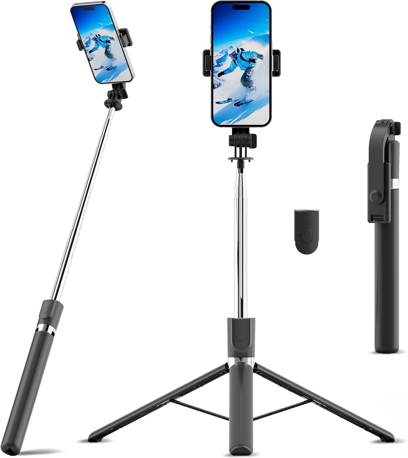 67" Selfie Stick Tripod, Portable Cell Phone Tripod with Wireless Remote Control, 360° Rotating Extendable All-in-1 Travel Stand for Selfies Video Recording, Compatible with iOS/Android, Silver Black