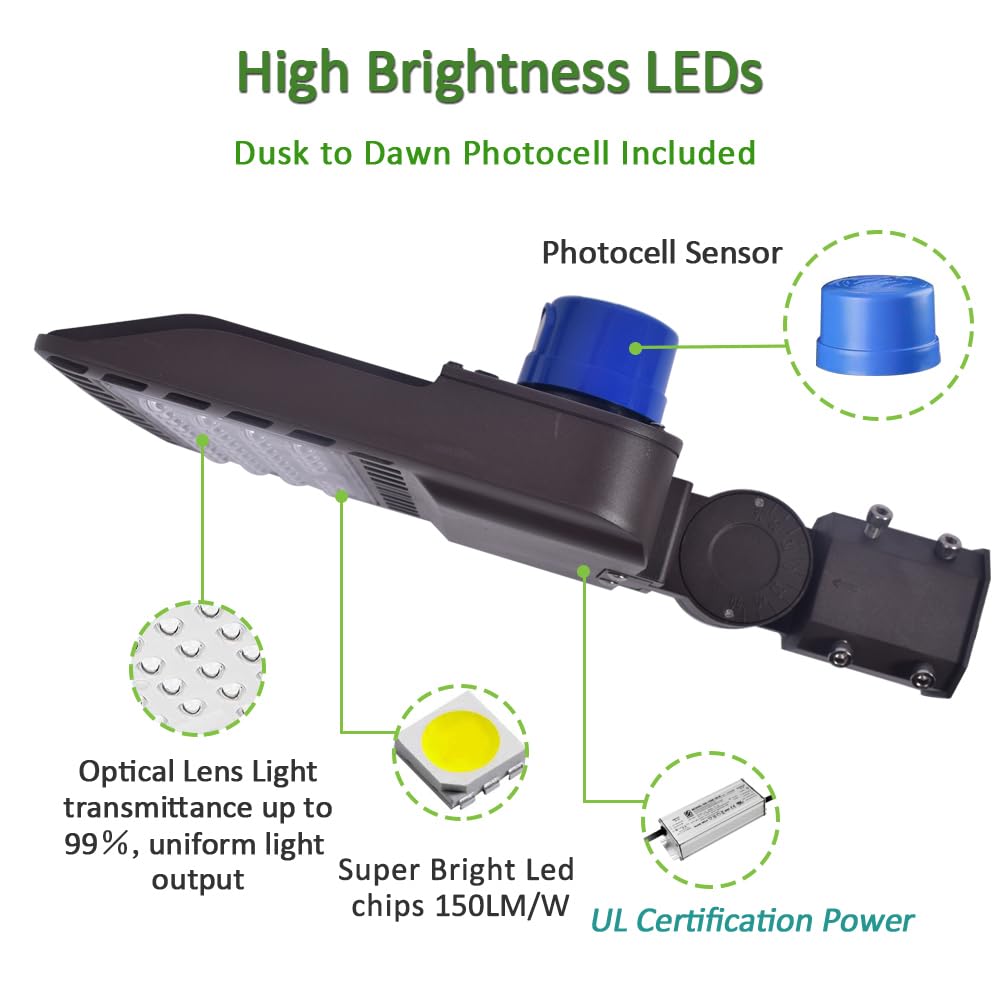 SZGMJIA 100W Outdoor Parking Lot Light, LED Street Light 15,000LM Super Bright 5000K Daylight White AC100-277V with Dusk to Dawn Photocell Replaces 1000W Halide with Slip Fit Mount Shoebox Pole Light