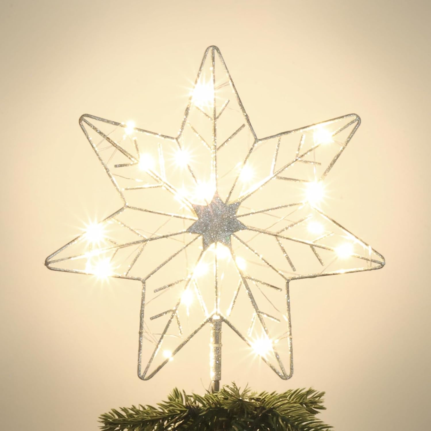 Tree Toppers - YEAHOME Christmas Tree Topper, Lighted Hollow 7-Point Star Tree Topper, Wire Star for Christmas Treetop with 20 LED Lights Xmas Tree Topper for Christmas Tree Ornament Decoration, Silver Glittered