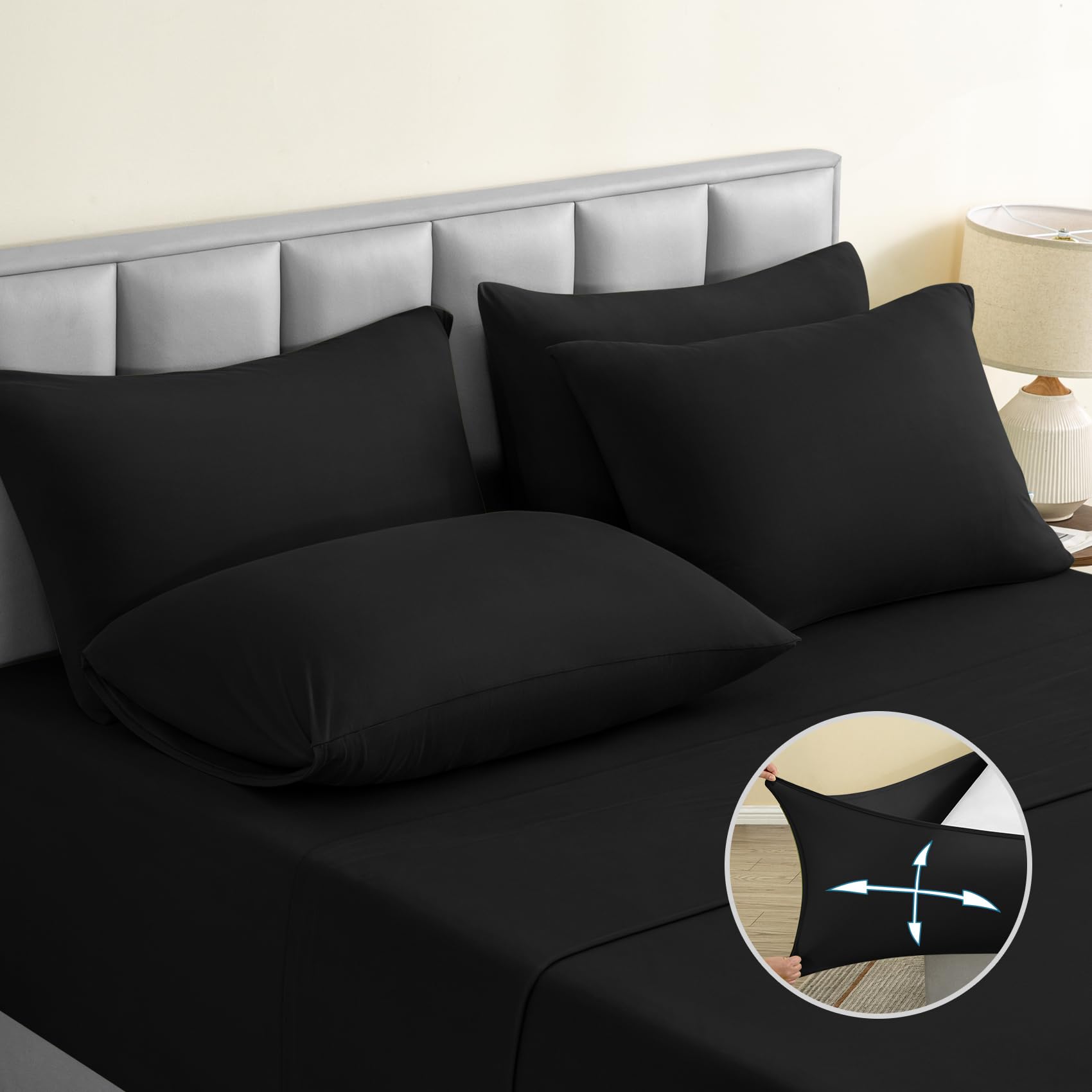 Photo 1 of BYSURE Jersey Knit Full Size Bed Sheets 6 Pieces, Stretch Super Soft and Wrinkle-Free Bed Sheets, Spandex Blend with 18-inch Deep Pocket, Black