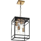 Wanluce 4-Light Outdoor Pendant Lights for Porch, Black & Brushed Brass Outdoor Chandelier 15.7'' Exterior Hanging Porch Ligh