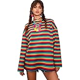 Women Girls Casual Oversized Striped T Shirt Long Sleeves Pullover Sweatshirt Tops