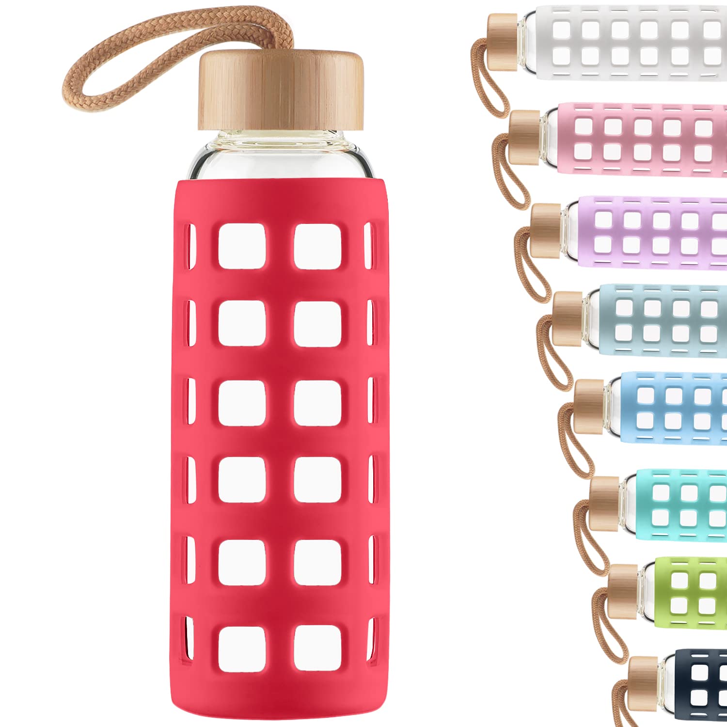 Cleesmil Sports Glass Water Bottle with Silicone Sleeve with Bamboo Lid BPA Free 360 ml (Magenta) — image 1