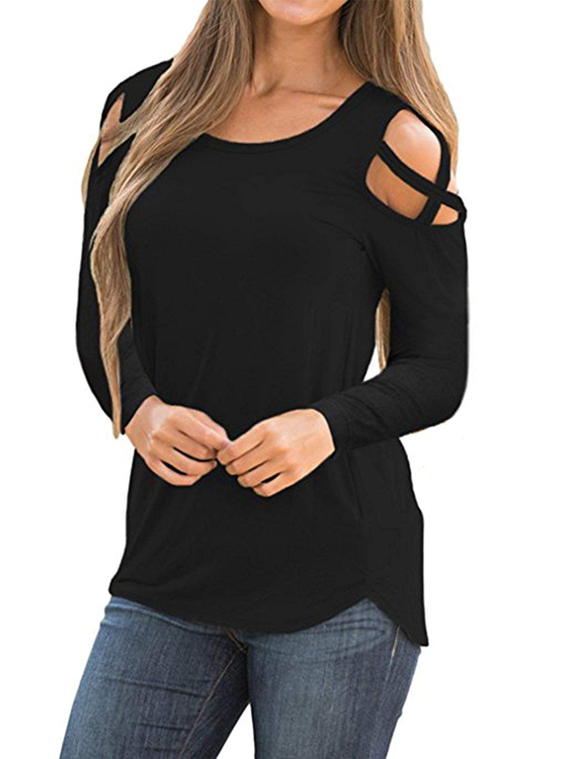 Sarin Mathews Womens Strappy Cold Shoulder Long Sleeve Tunic Tops Casual Loose Basic T Shirts Black XL