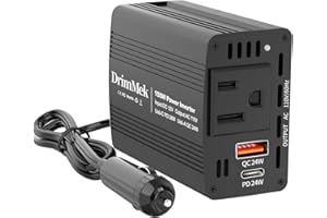 DrimMek 150W Car Power Inverter - DC 12V to 110V AC Car Plug Adapter Outlet with Fast Charger 24W USB-C/24W USB-A, for Laptop Car Charger