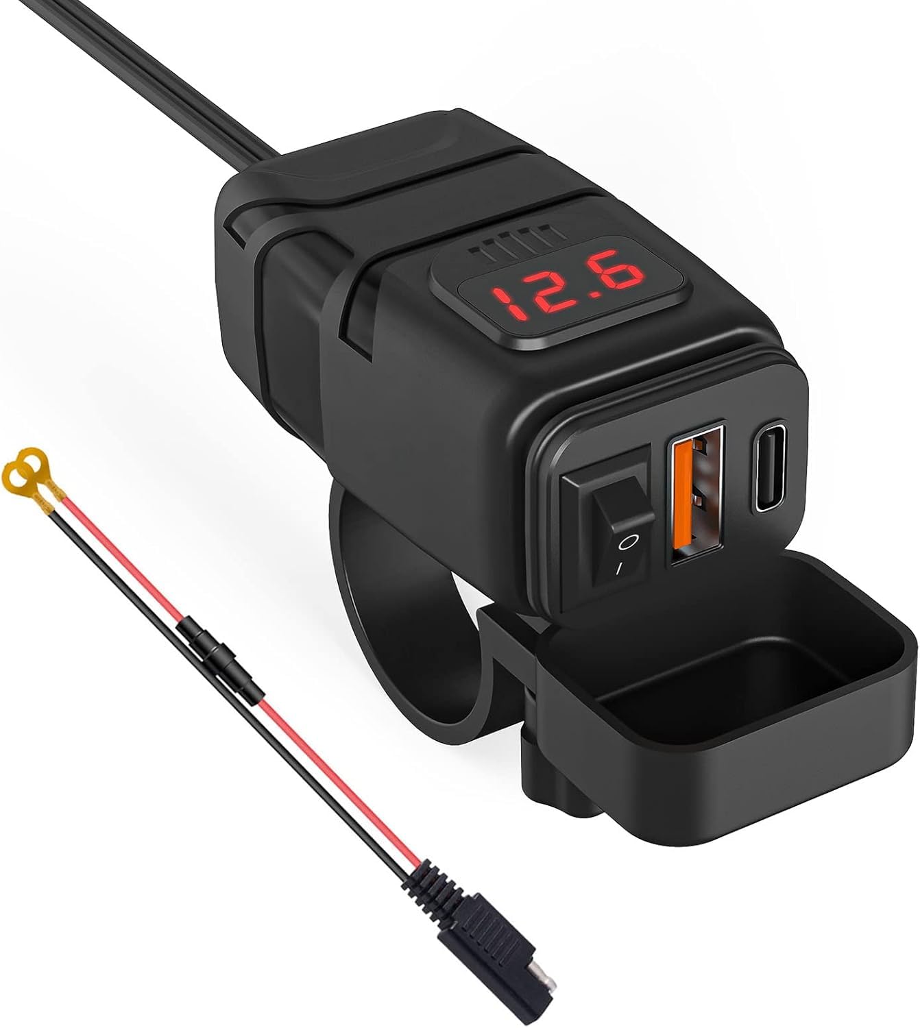 Kriogor Motorcycle Car Charger with QC 3.0 USB Socket and Type-C Port, IP65 Waterproof Dustproof Motorbike USB Adapter with 6-30V LED Voltmeter and On/Off Switch for 12V Boat Marine SUV (Red)