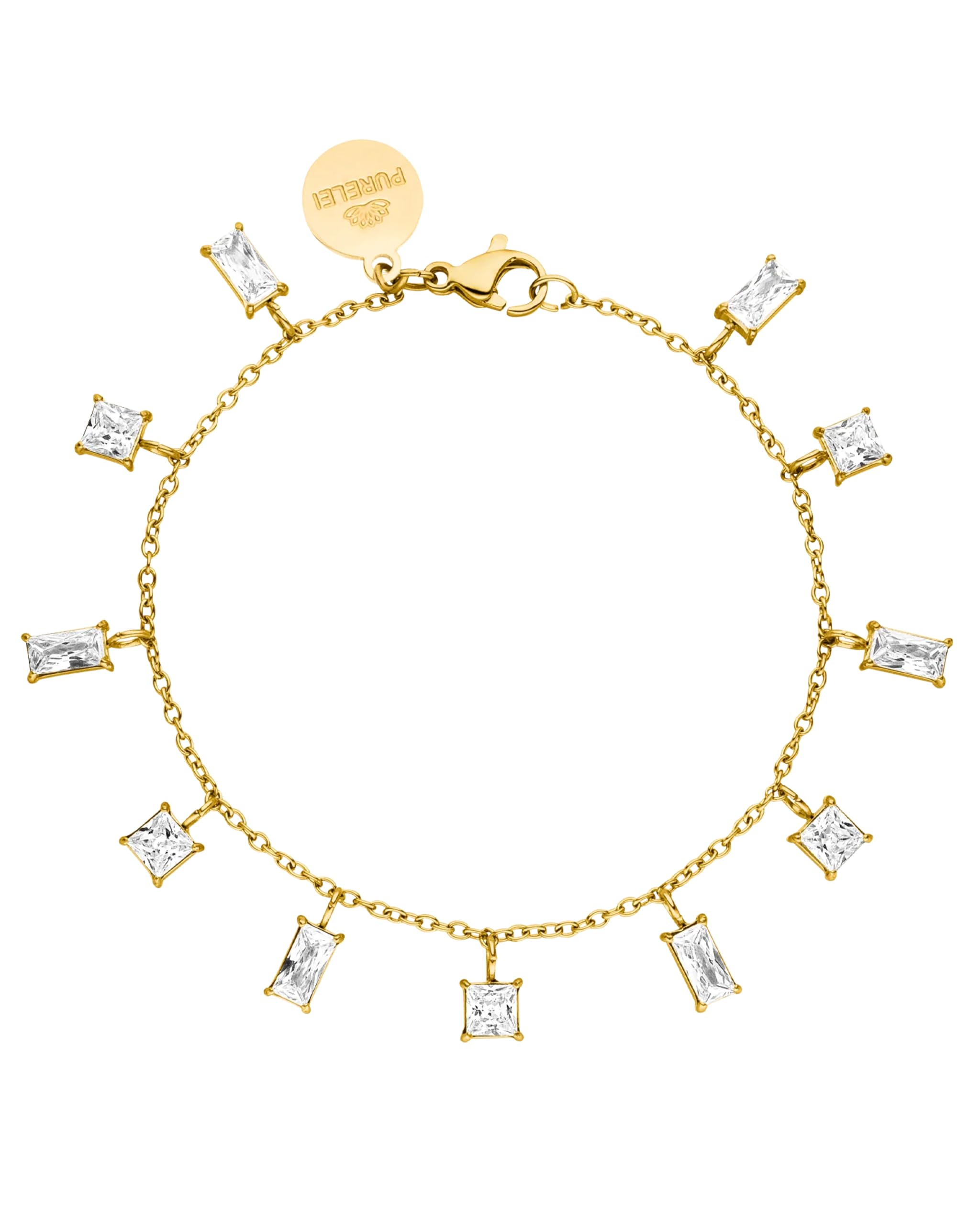 Purelei Powder Bracelet (Gold, Silver) Women's Durable Stainless Steel Waterproof Jewellery Bracelet with Small Stone Pendants (Zirconia), 16-19 cm Adjustable Length (Silver), 16 centimeters