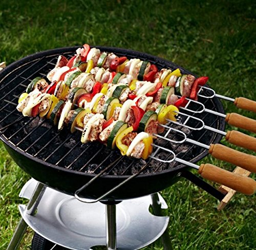 LinaLife 6pcs 15.3inch Grilling Kabob Skewers Food grade stainlesss steel grade Needles Double Prongs Barbecue Roasting Sticks Shish Kebab Skewers BBQ Stick Needles With Wooden Handle