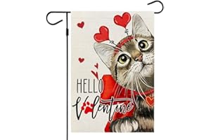CROWNED BEAUTY Hello Valentine Cat Garden Flag 12x18 Inch Double Sided for Outside Small Burlap Red Anniversary Wedding Farmhouse Holiday Yard Flag