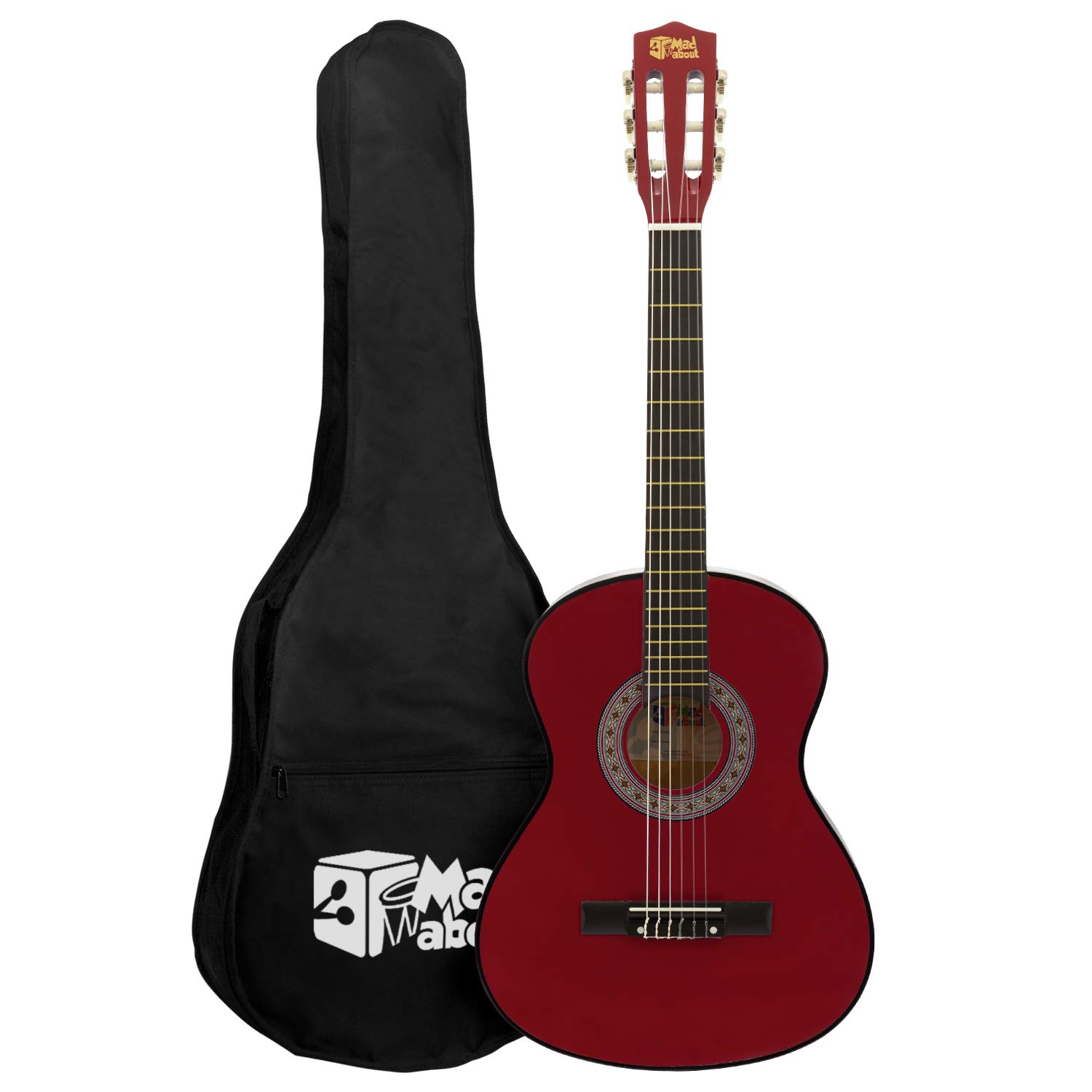 Mad About MA-CG01 Classical Guitar, 3/4 Size Red Classic Guitar - Colourful Spanish Guitar with Carry Bag, Strap, Pick and Spare Strings