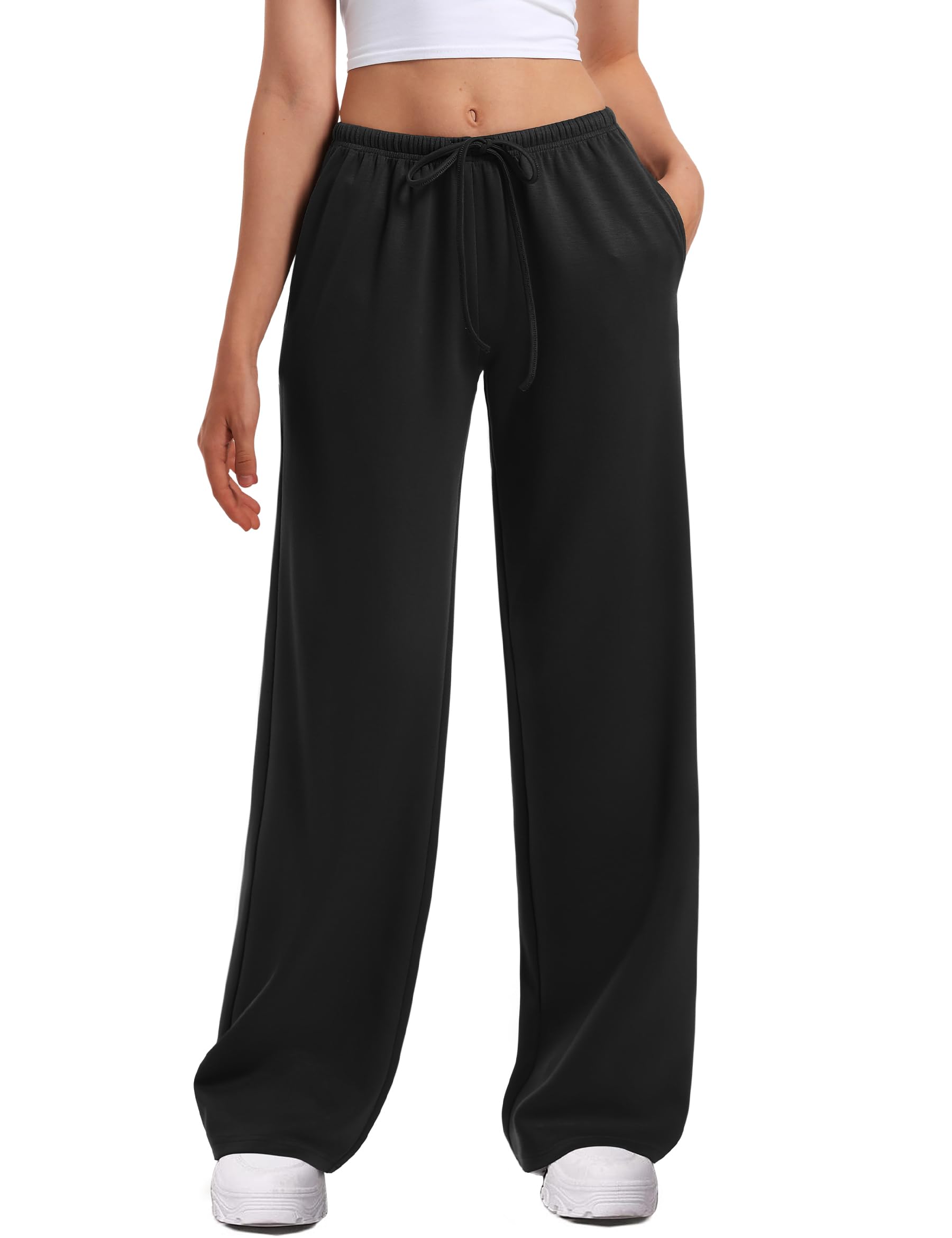 Photo 1 of HeSaYep Women's Wide Leg Sweatpants Straight Leg Lowrise Sweat Pants Drawstring Elastic Low Waist Pants with Pockets, Black XS