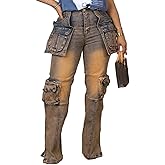 Vaceky Stretch Cargo Jeans Women Straight Leg Side Zipper Slit Denim Y2K Pants with Pockets