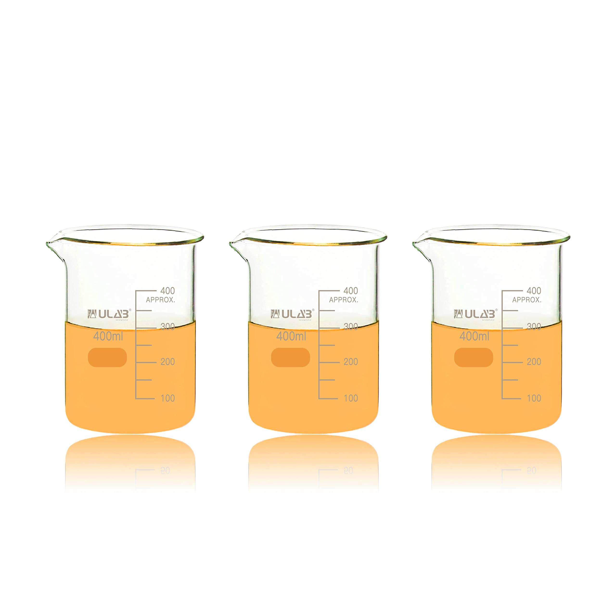 ULAB Scientific Glass Beakers, Vol. 400ml, 3.3 Borosilicate Griffin Low Form with Printed Graduation, Pack of 3, UBG1035