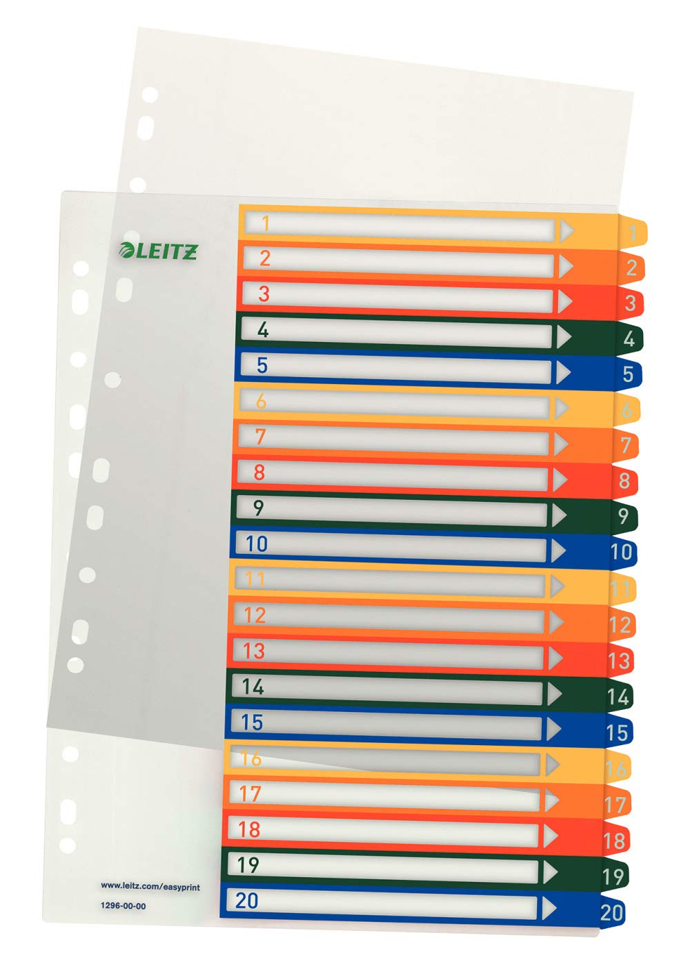 Leitz 1-20 Index, A4, PC Printable, Heavy Duty Plastic, Extra Wide, White/Multi-Coloured, 12960000