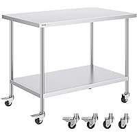 VEVOR Stainless Steel Work Table 30 x 48 x 38 Inch, with 4 Wheels, 3 Adjustable Height Levels, Heavy Duty Food Prep Worktable