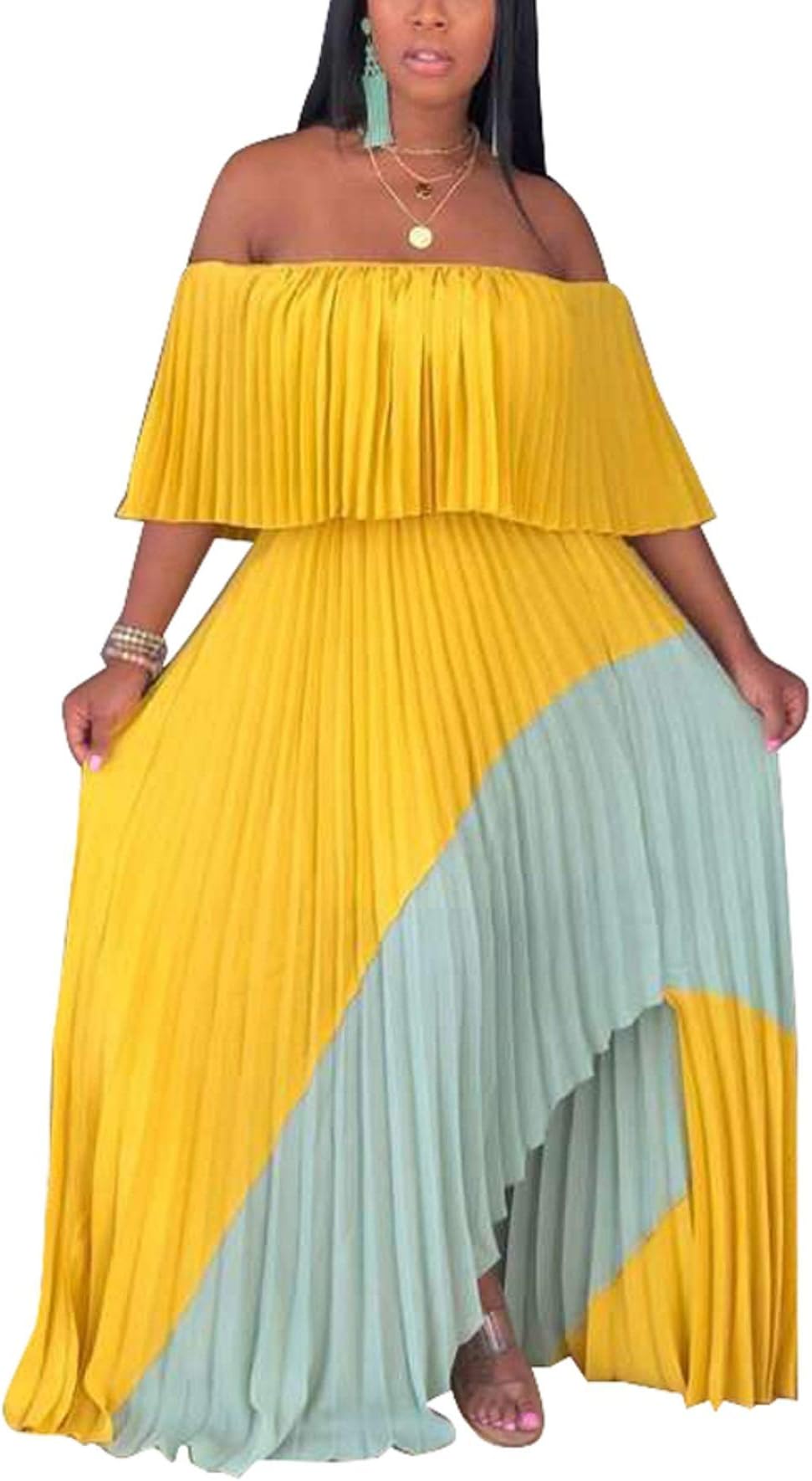 SHINFY Women's Plus Size Tie Dye Maxi Off Shoulder Long Dress Small 297-yellow