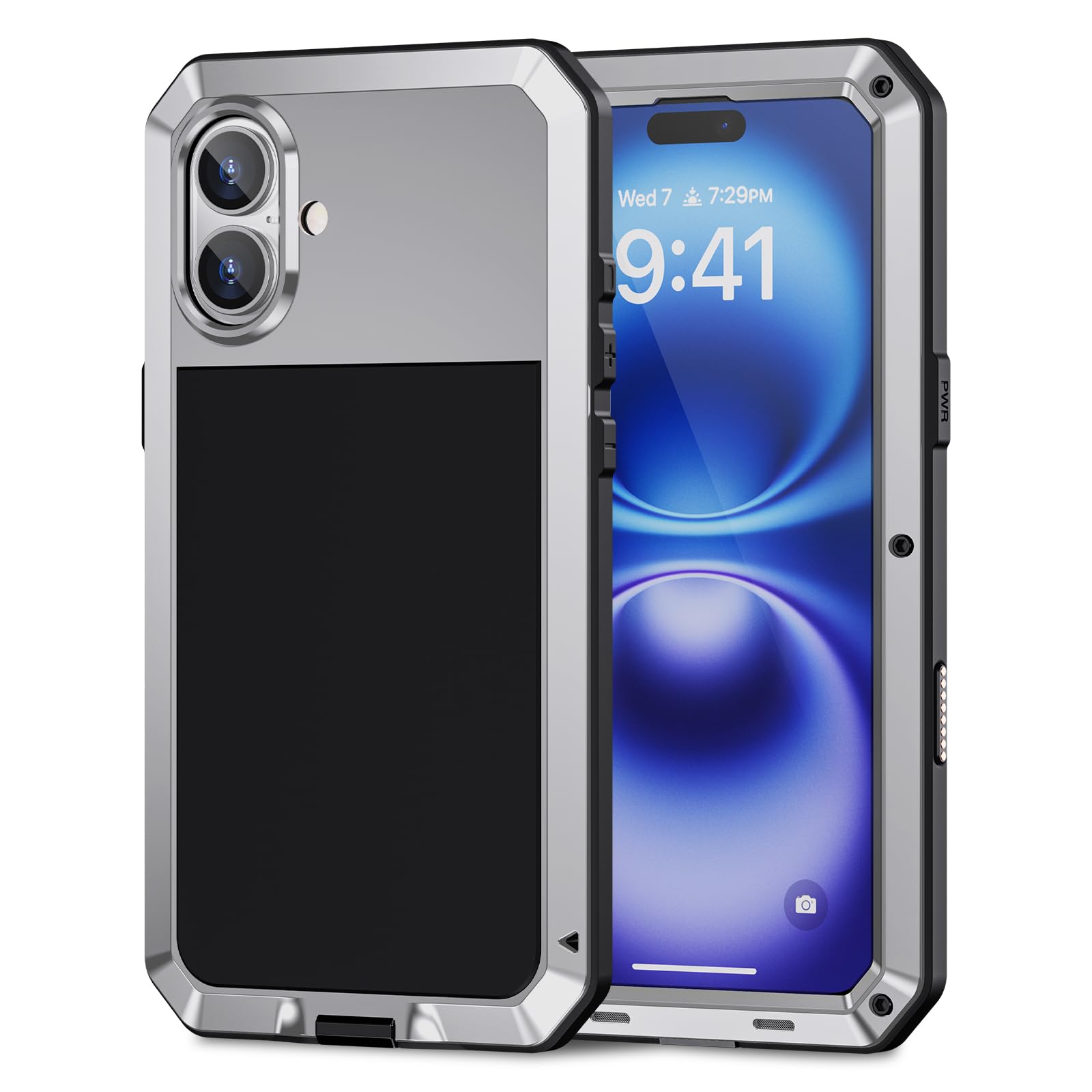 Photo 1 of Lanhiem for iPhone 16 Case, Metal Heavy Duty Shockproof Tough Rugged Case with Built-in Glass Screen Protector, 360 Full Body DustProof Strong Protective Phone Cover for iPhone 16 6.1", Silver