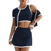 OYOANGLE Workout Sets for Women 3 Piece Athletic Jacket Cropped Sports Tank Top Bra and Mini Skirt Set