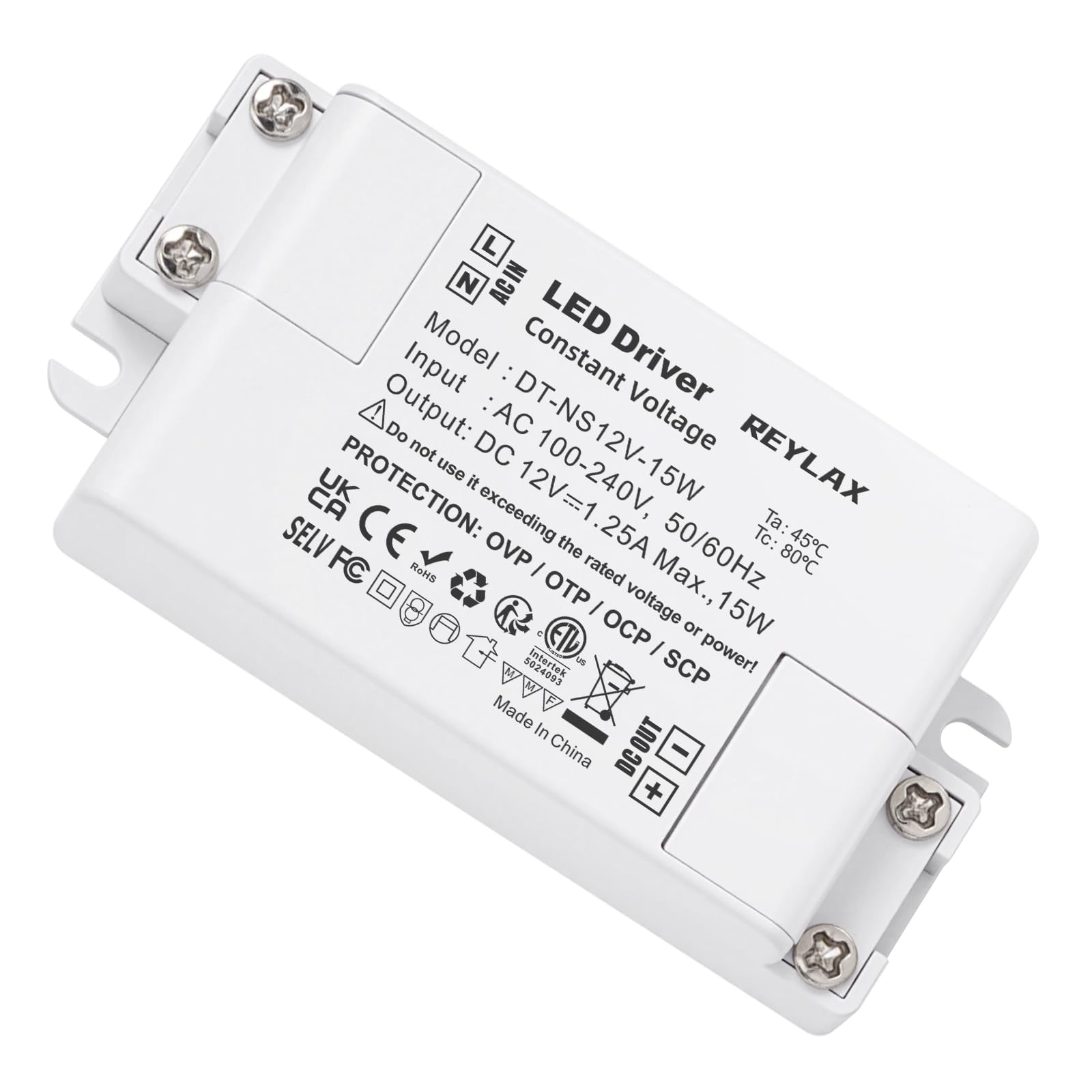 REYLAX 12V LED Driver 15W 1.25A, Power Supply Unit, 240V AC to 12V DC Transformer, Constant Voltage Driver Adapter, Low Voltage Transformers for DIY Light Strips, LED Bulbs