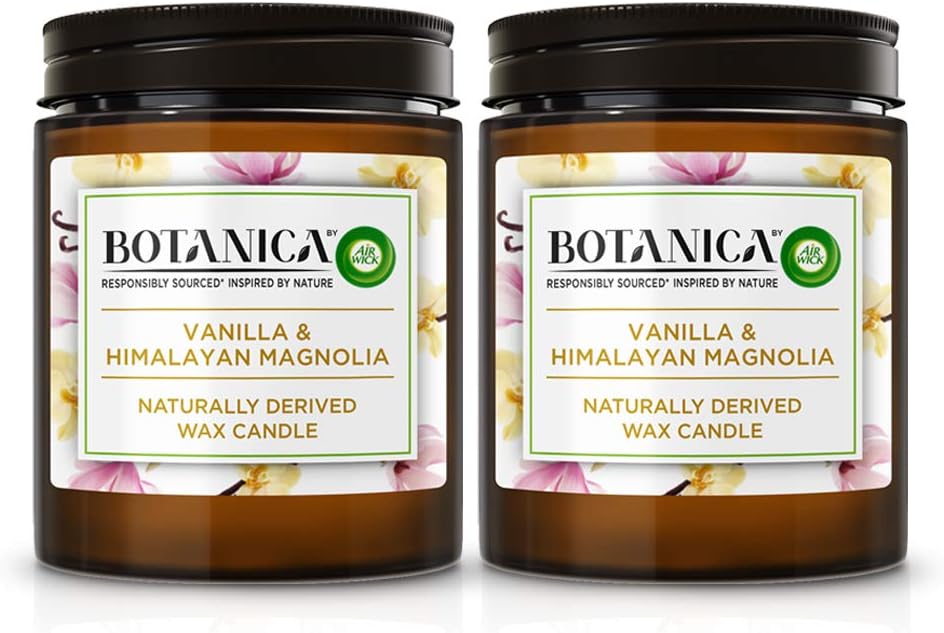 Botanica by AirWick Air Freshener Naturally Derived Wax Candle, VANILLA & HIMALAYA MAGNOLIA, Multipack of 2 x 40 hours