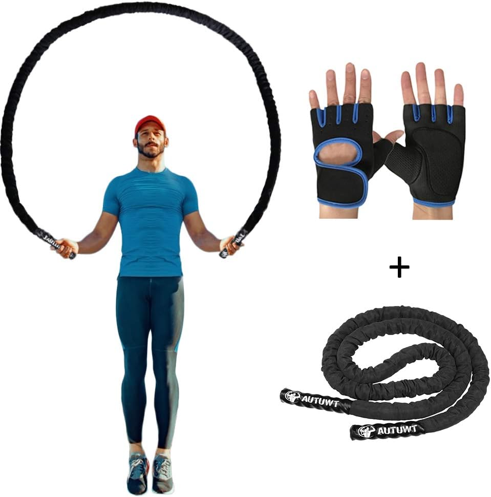 AUTUWT Heavy Jump Rope Skipping Rope Workout Battle Ropes with Gloves for Men Women Total Body Workouts Power Training Improve Strength Building Muscle