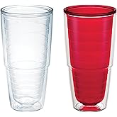 Tervis Clear & Colorful Tabletop Made in USA Double Walled Insulated Tumbler Travel Cup Keeps Drinks Cold & Hot, 24oz - 2pk, Clear and Red