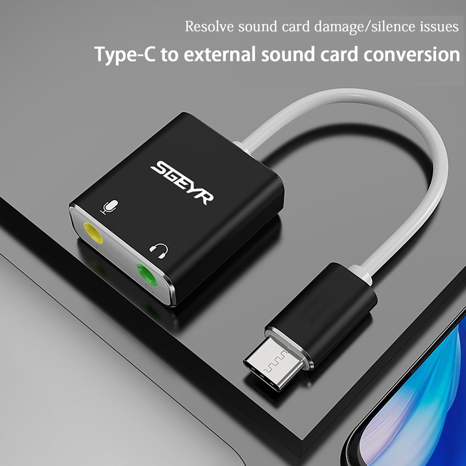 SGEYR Type c Sound Card External Sound Card, USB-C to 3.5mm Jack Audio Adapter, Type C to Microphone Headphone Adapter, USB-C to Audio Auxiliary Cable External Stereo Sound Card Audio
