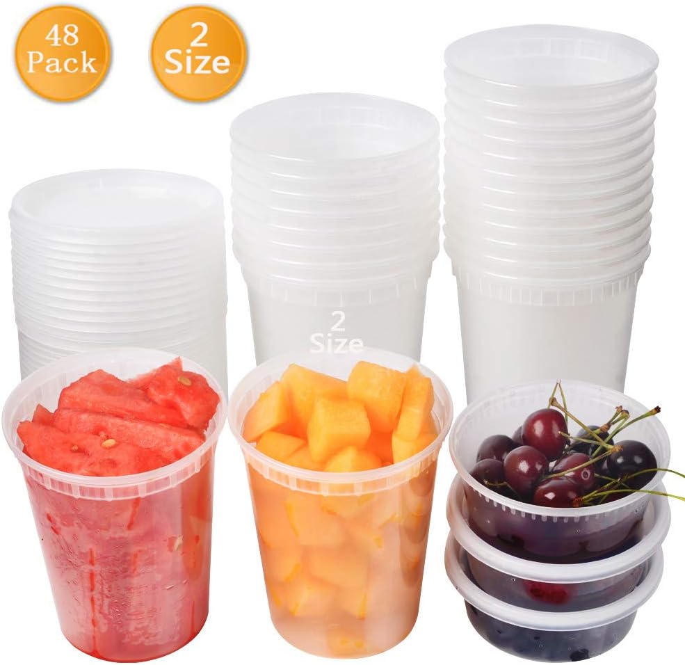 SZUAH 48pk Deli Containers with Lids - 8oz & 32oz Clear Take Out Deli Cups - Food Grade Plastic Meal Prep Containers - BPA Free & Leakproof, Microwaveable, Freezer & Dishwasher Safe…