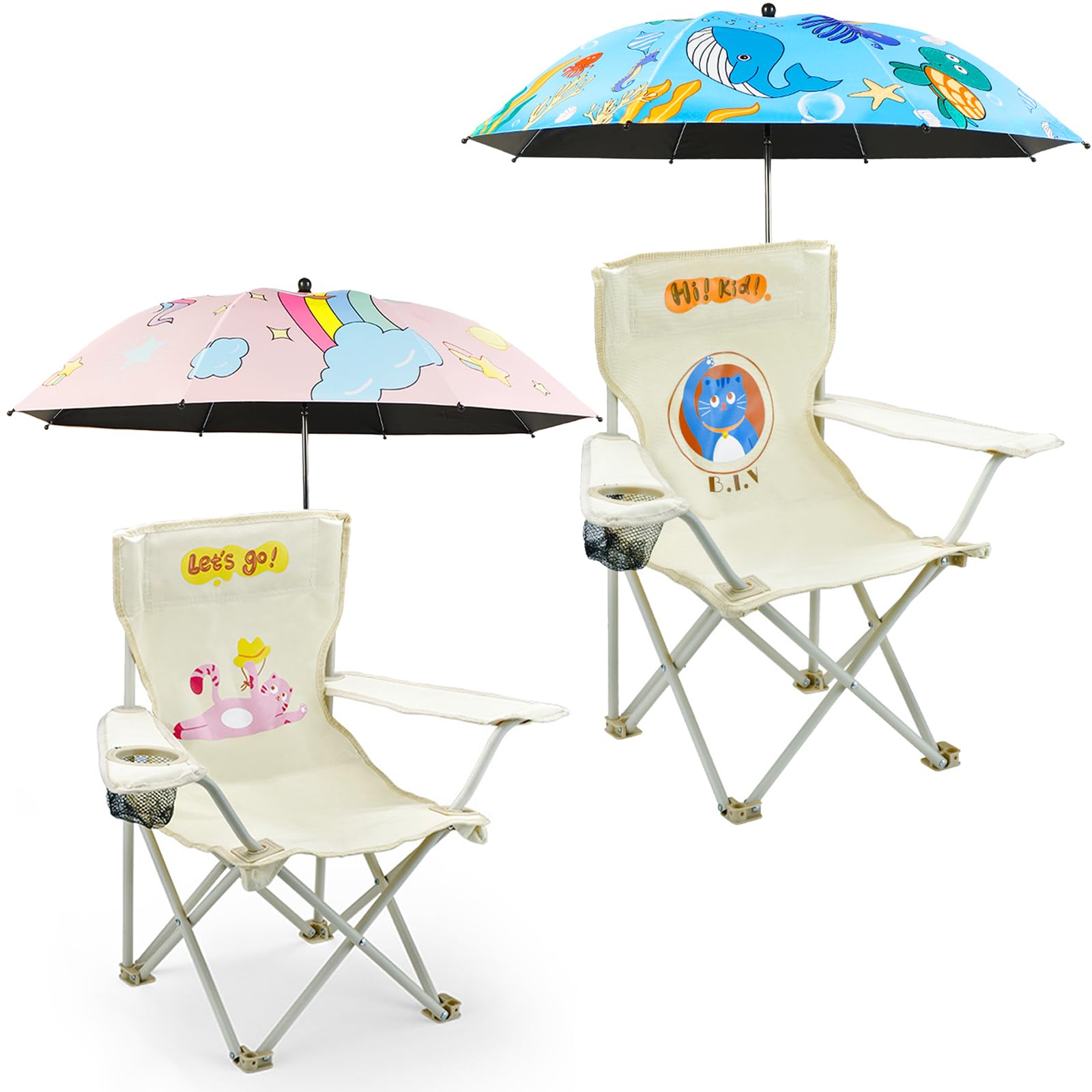 Photo 1 of BUSYSIR 2 Pack Kids Camping Chair - Kids Beach Chair with Umbrella - Foldable Storage Cup Holder Durable, wear-Resistant, Non-Slip, Lightweight Design for Beach, Patio, Outdoors, Lawn (Pink+Blue)