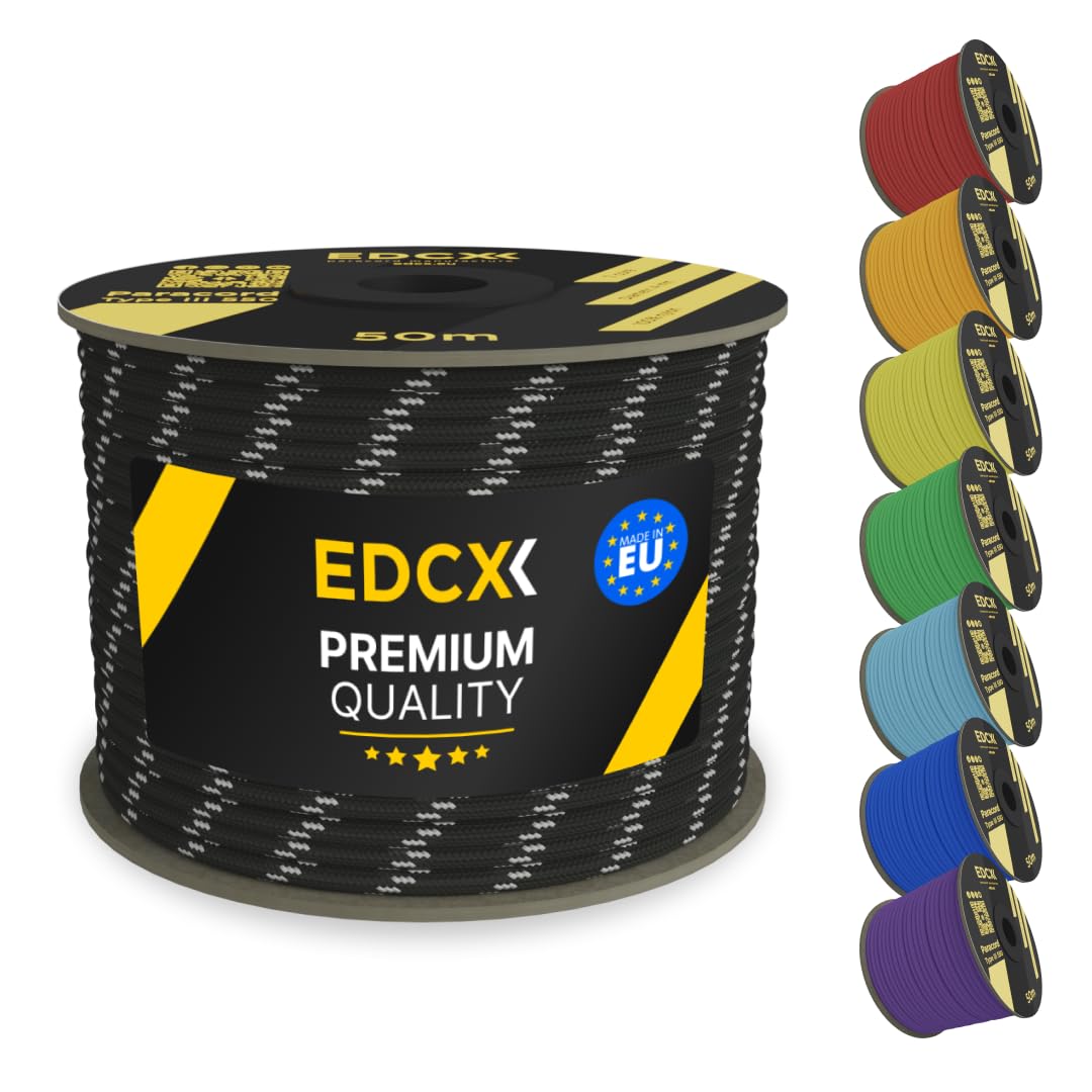 EDCX 4mm Nylon Paracord 550 50m (165 feet) | Ideal for Camping, Survival, Outdoor, Crafting, DIY | 100% Nylon Rope 4mm | Paracord 550 Type III in Solid Color (Reflective Black, 50 m)