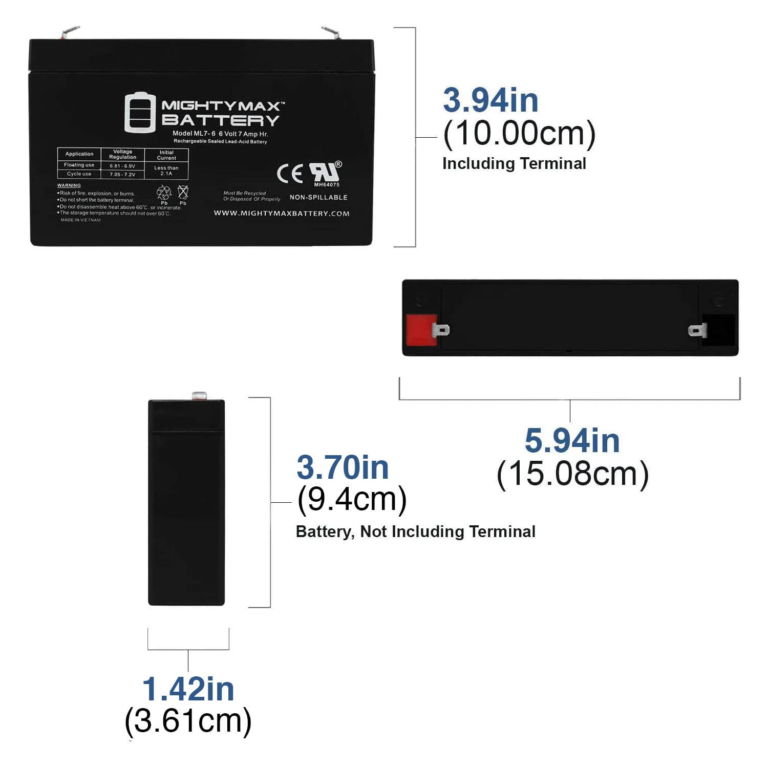 Mighty Max Battery ML7-6 - 6 Volt 7 AH, F1 Terminal, Rechargeable SLA AGM Battery, Mighy Max Product