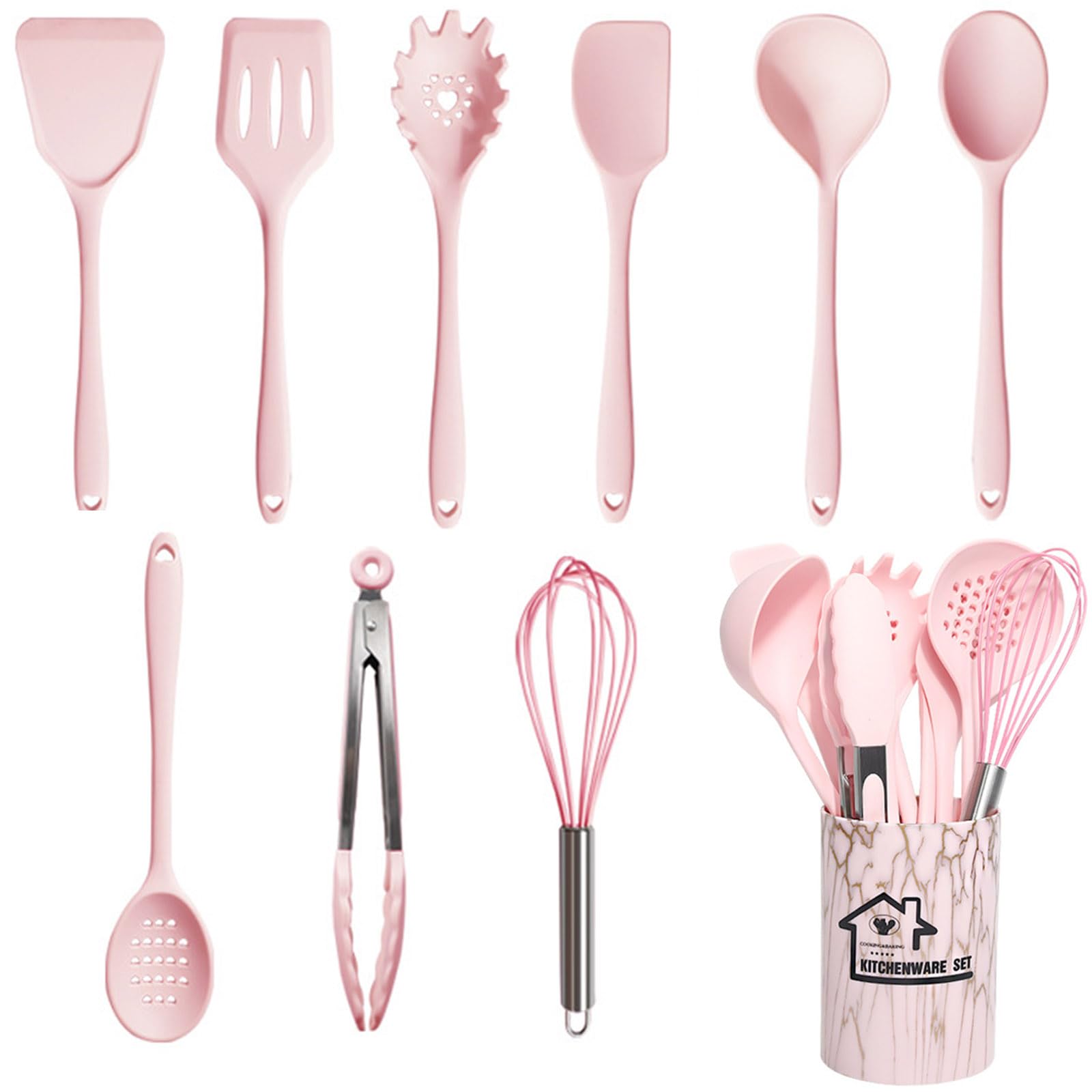 UXIYI Silicone Utensil Set Kitchen Utensils, 10pcs Cooking Utensils Set, Including Turner Spatula Cooking Tong Spoon Non-Stick Heat Resistant,Pink