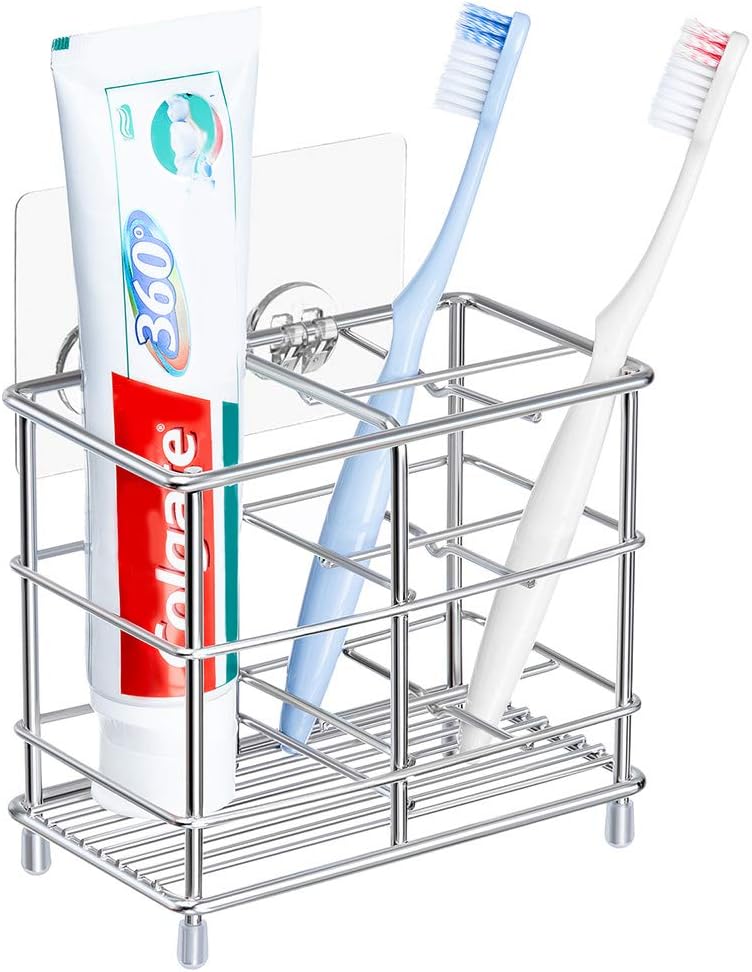 YONGJIE Stainless Steel Bathroom Toothbrush Holder Toothpaste Holder Stand, Wall-Mounted or Countertop Multi-Function Bathroom Storage Rack with Powerful Self-Adhesive: Home & Kitchen