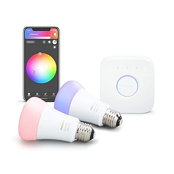 Philips Hue 536474 White and Color Ambiance A19 60W Equivalent LED Smart Light Bulb Starter Kit, 2 A19 Bulbs and 1 Bridge, Compatible with Alexa, Apple HomeKit and Google Assistant