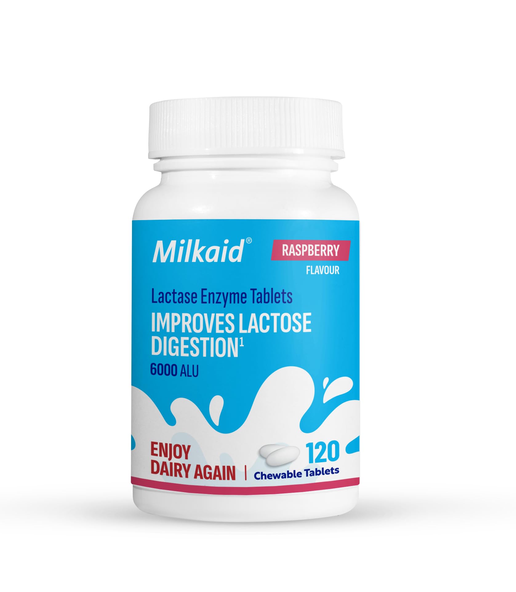 Milkaid Lactase Enzyme Chewable Tablets for Lactose Intolerance Relief, Prevents Gas, Bloating & Diarrhoea, Gluten Free & Vegan, Rasberry, 120 Count