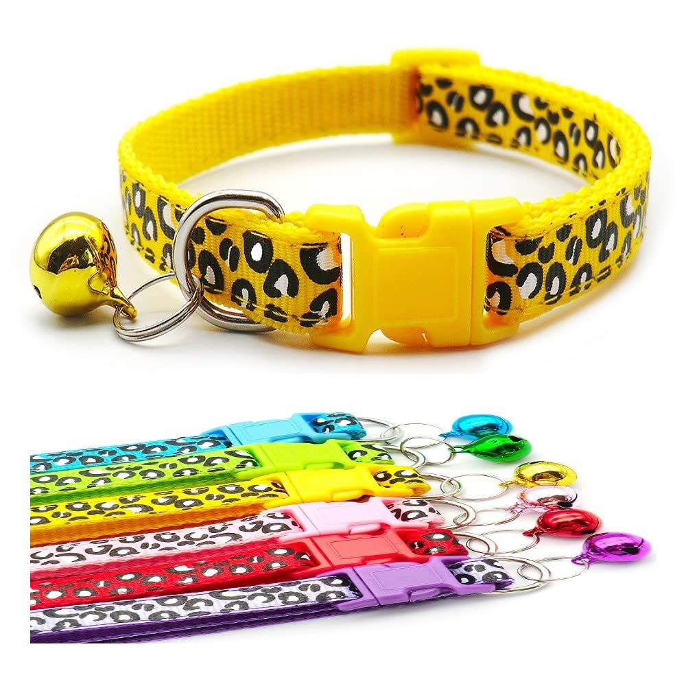 Small Dog Puppy Pet Collar Leopard Animal Print Design with Bell Nylon Adjustable Size 19-32cm Yellow